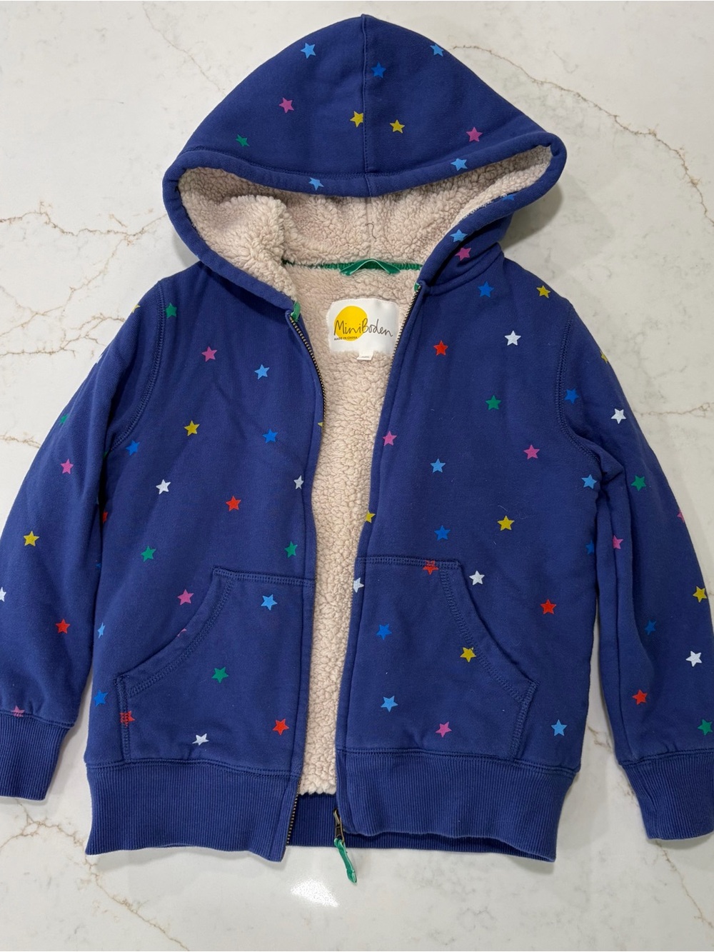 Mini Boden Sherpa Lined Star Hoodie Size 7-8Y Blue Zip Up Jacket
